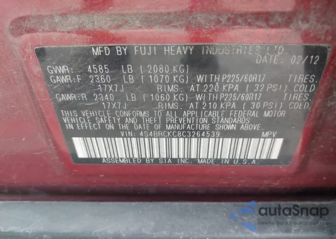 2012 Subaru Outback 2.5I Limited from USA, damaged, VIN 4S4BRCKC8C3264539